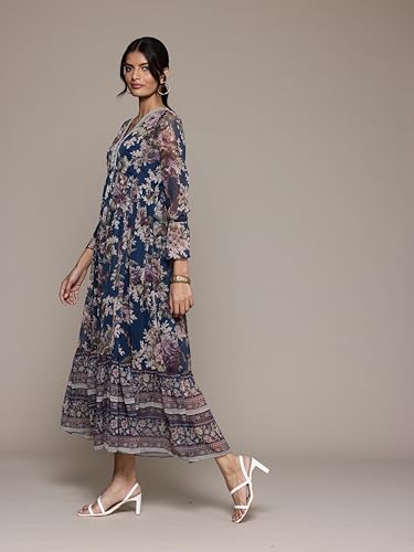 Aarke Ritu Kumar V-Neck Full Sleeve Printed Dress Blue