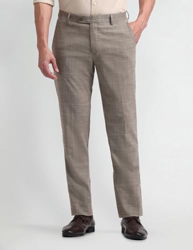 Arrow Men Tapered fit Polyester CheckedMid-Rise waistTrousers(ARAEOTR1648_Grey_34)