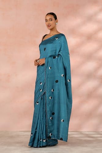 Taneira Women Blue Contemporary Pure Silk Block Print Saree with Unstitched Blouse Piece (SHH08D00032-Blue)