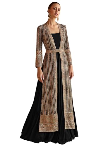 Miss Ethnik Women's Black Faux Georgette Full Sleeve Embroidered Gown With Jacket And Belt (ME-1259-Black-L)