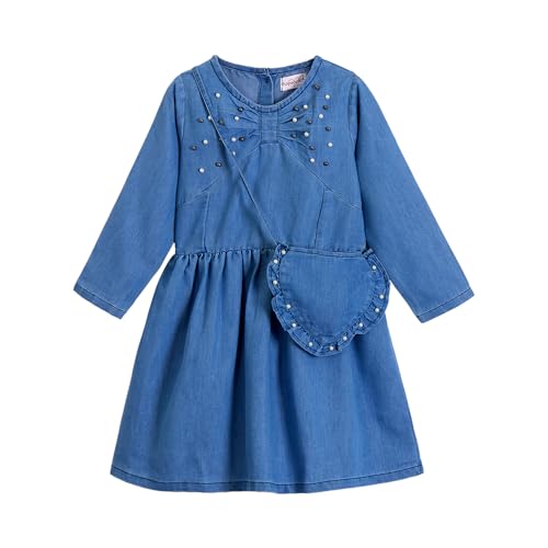 Hopscotch Girls Blue Full Sleeves Beads Embellished Dress with Bag for Age (3-4 Years)