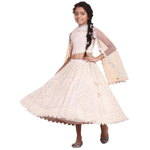 Biba Girls White Viscose Embroidered Kalidar Lehenga Set_6-7Y