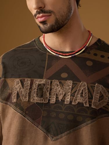 The Souled Store Nomad: Boho Men and Boys Short Sleeves Round Neck Brown Graphic Printed Tribal Casual Drop Shoulder Streetwear Trendy Super Oversized T-Shirt