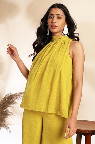 Janasya Women's Yellow Dobby Chiffon Solid Co-ord Set(SET916-CO-ORD-L)