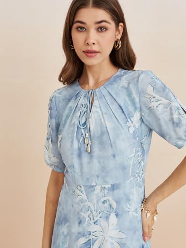 Latin Quarters Women's Blue Tie-Up Neck Half Sleeves Printed Casual Fit & Flare Dress_L