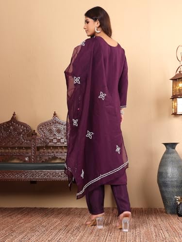 Varanga Women Purple Hand Embroidered French Knot Kurta With Tonal Bottom And Embroidered Dupatta.