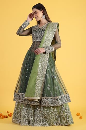 Wishful Women's Green Metallic Embroidery Mesh Flared Kurta & Skirt with Dupatta Set (Size: 3XL)-24AUSP11985-125144