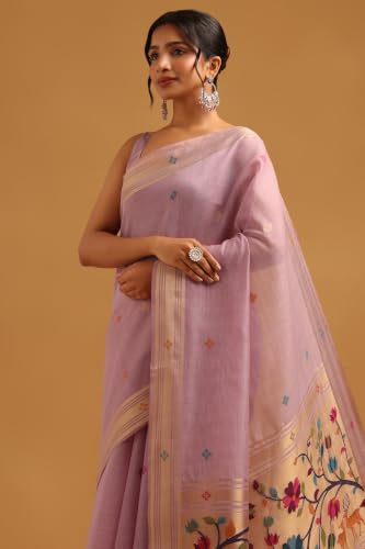 Soch Womens Lavender Chanderi Botanical Zari Woven Saree With Tassel