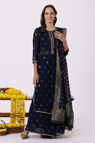 W Blue Straight Kurta, Flared Pant & Dupatta for Women (Size: 3XL)-24AUWS11679-400712