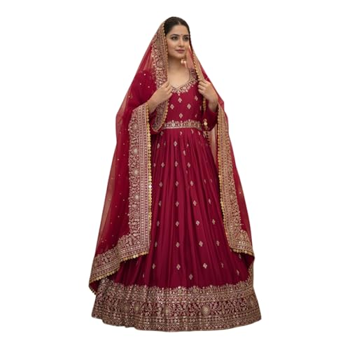 styledaura Women Chinon Silk Embroidered Anarkali Gown with Dupatta | Sequins & Zari Work | Fully Stitched Ethnic Wear | Long Flared Dress (Size-XL, Maroon)