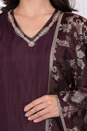 W for Woman Maroon Embroidered Silk Straight Kurta, Pants and Dupatta Set - (WS13298-224278-M)