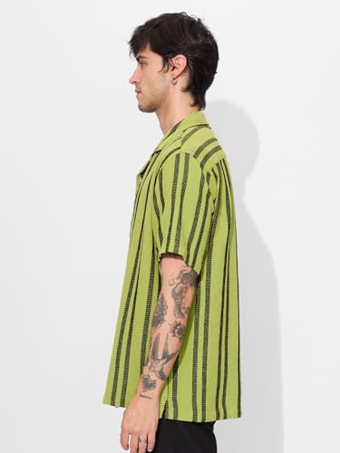 The Souled Store Stripes: Lime Men and Boys Short Sleeves Collared Neck Button Front Regular Fit Textured Shirts