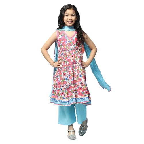BIBA Girls Voile Printed Narrow Kurta with Pant & Dupatta (Kw5279_Blue_13), 12-13 Years