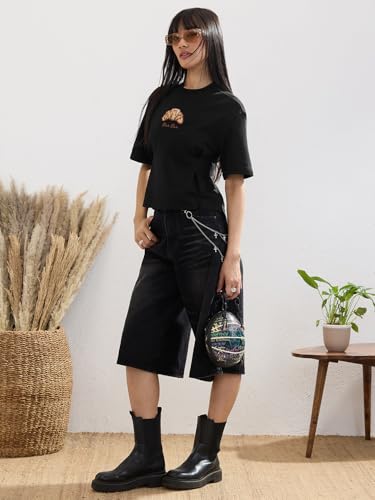 The Souled Store Emily in Paris: Croissant Women and Girls Short Sleeves Round Neck Black Embroidered Beaded Cotton Oversized Streetwear Casual Oversized T-Shirt