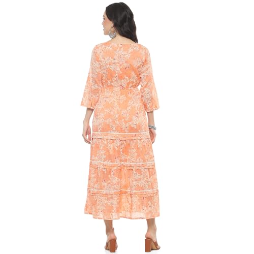 Rangriti Women Cotton Printed Tiered Dress Ankle Length Casual INDIEDRESS19134SS24PCH_Pink