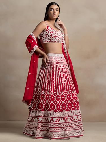 Zeel Clothing Women's Sequins Thread Embroidered Georgette Designer Lehenga Choli with Dupatta (5122-Red-Womens-Lehenga-Choli-Latest; Free Size) (Red)