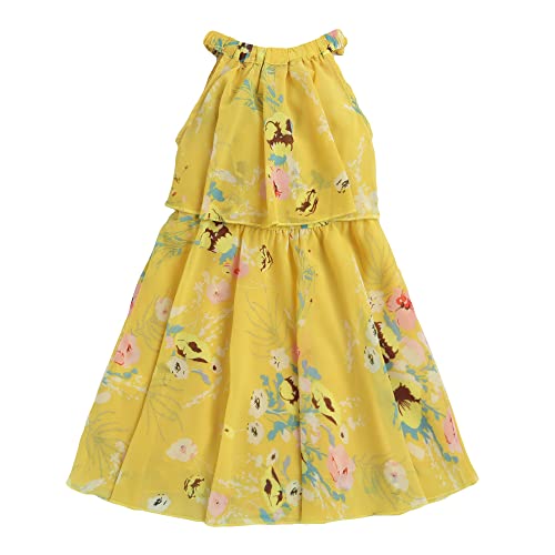 Hopscotch Girls Knee-Length Floral Print Casual Dress in Yellow Color for Ages 5-6 Years