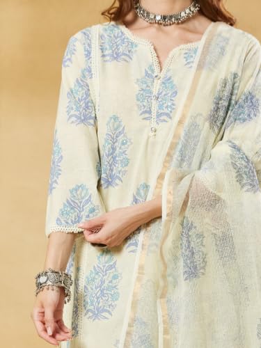 Divena Blue Floral Cotton Round Neck Kurta Sets with Dupatta
