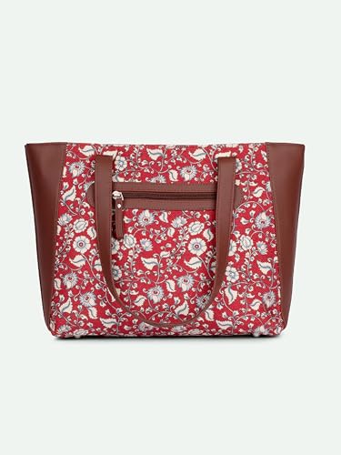 ZOUK Chittoor Red Kalamkari Floral Printed Women Jute Vegan Leather Red Side Tote Bag For Ladies With Double Handle