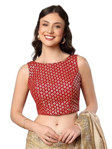 SALWAR STUDIO Red Velvet Sleeveless Readymade Saree Blouse