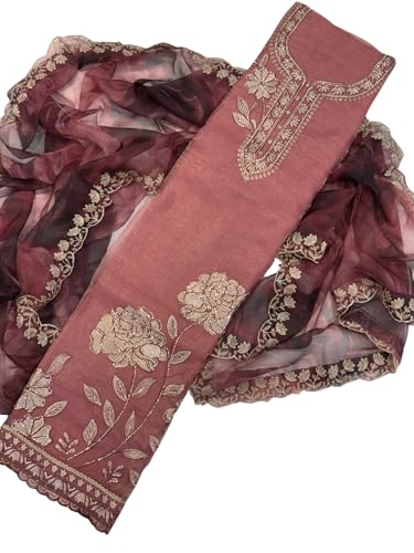 JDAK Women's Fendi Silk Embroidered Unstitched Suit Set with Designer Organza Dupatta | Festive Dress Material (Dusty Rose Pink)