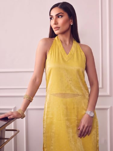 Varanga Women Yellow Kurta Trousers Set V Neck Sleeveless Silk Blend