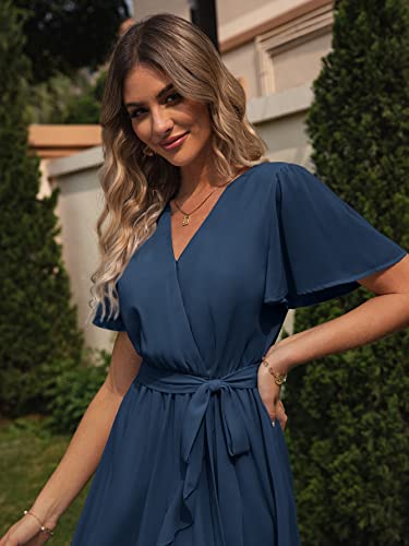 Simplee Womens Summer Chiffon Wrap Casual Maxi Ruffle Split Dress Flowy Bridesmaid Wedding Party Evening Cocktail with Belt, Ruffle-navy Blue, XL