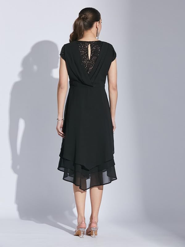 Latin Quarters Women Black V-Neck Cap Sleeve Solid Dress_L