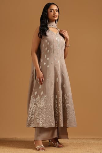 Soch Womens Grey Chanderi Botanical Zari Woven Salwar Suit With Zardosi