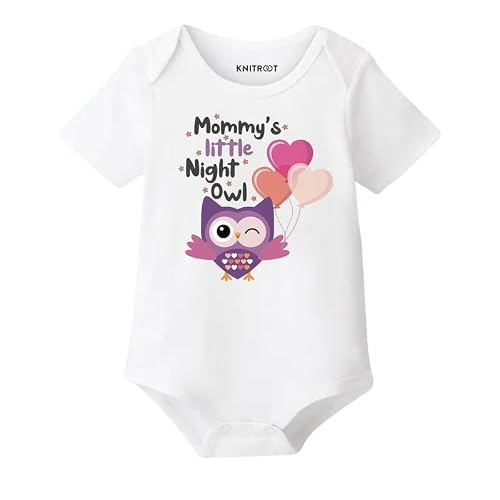 KNITROOT Mom Family Special Onesies, Unisex Baby Kids 100% Cotton Envelope Neck Half Sleeve White Romper, Bodysuit, Sleepsuit, Mommy's Little Night Owl, 6-9 Months, Infant Cloths for Boys & Girls