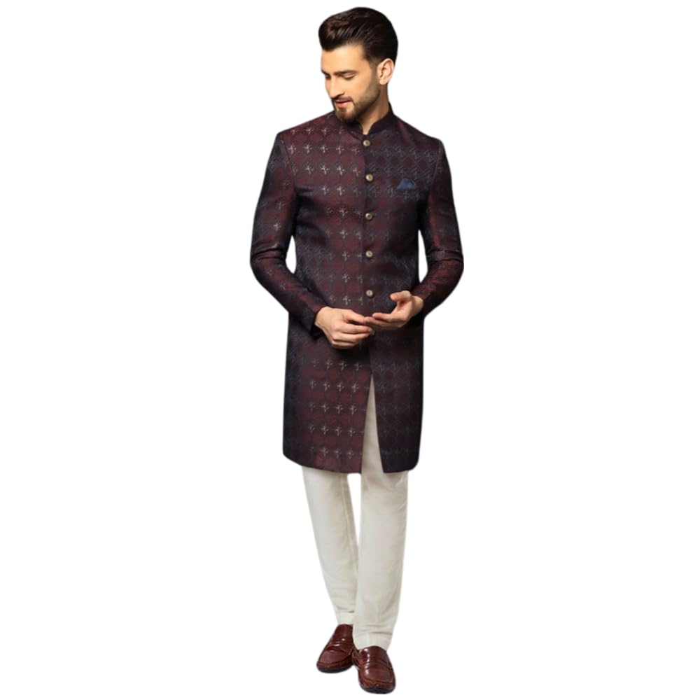 KISAH Men's Indo-Western Sherwani Churidar Set, Purple Cotton, Jacquard Mandarin Collar Regular Fit Long Sleeves (S)