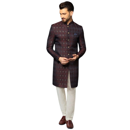 KISAH Men's Indo-Western Sherwani Churidar Set, Purple Cotton, Jacquard Mandarin Collar Regular Fit Long Sleeves (S)
