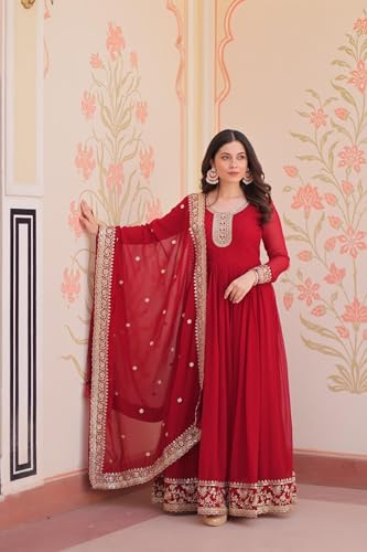 Mehervaa by vinni Red Anarkali Suit Set with Embroidered Dupatta, Long Sleeve Gown Style, Golden Zari Work, Traditional Indian Ethnic Wear (IN, Alpha, 2XL, Regular)