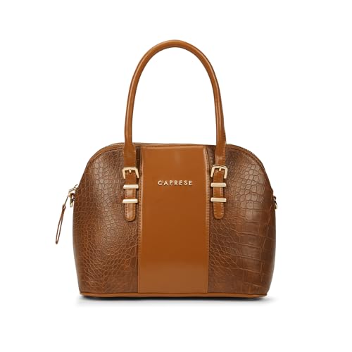 Caprese Macie Medium Satchel for Women | Textured Faux Leather Handbag with Adjustable & Detachable Strap | Stylish Shoulder Bag with Zipper Closure | Perfect Office, Travel & Everyday (Tan)