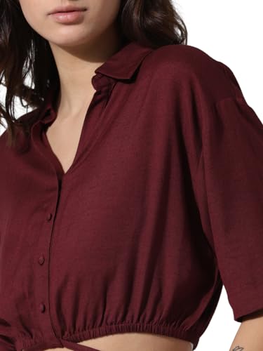 ONLY Women Solid Linen Crop Length Maroon Shirt