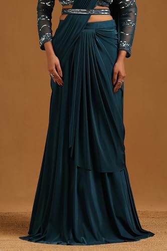 Soch Womens Teal Spandex Embellished Ready To Wear Saree