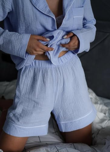 bellababebysk Women's Cotton Textured Button-Down Shirt with Shorts Set | Summer Wear | Coord Set | Fancy Shorts Set | Trendy two-piece lounge set (Azure Blue, XL)
