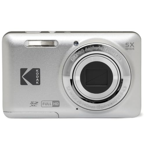Kodak PIXPRO FZ55 Digital Camera (Silver) | 16MP Sensor, 5X Optical Zoom, 28mm Wide-Angle Lens & Full HD Video | Great for Travel & Beginner Photography (FZ55SR) + 32GB Card + Case + Cleaning Cloth