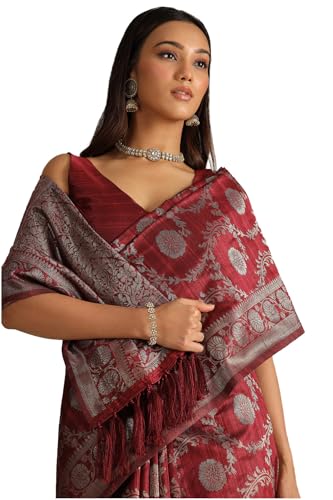 Soch Womens Maroon Tussar Floral Print Saree With Zari Woven