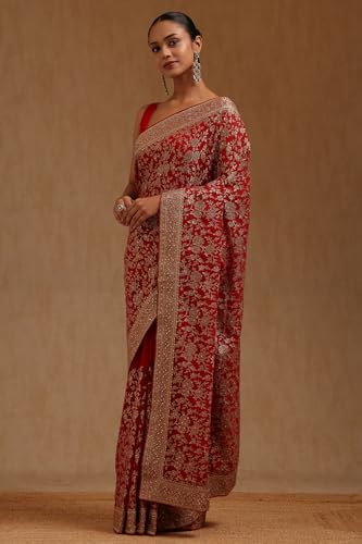 Soch Womens Red Georgette Embroidered Saree With Stone Work