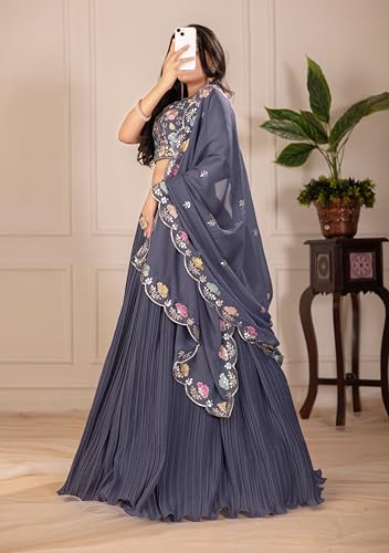 AMOSWAY Women's MULTI color Designer Thread, Zari Embroidery & Sequence work Lehenga Choli (lahenga stitched and choli unstitched) (GREY)