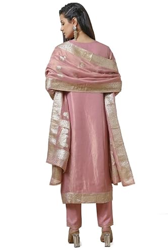 Soch Womens Pink Zari Woven Straight Tissue Suit Set With Sequins