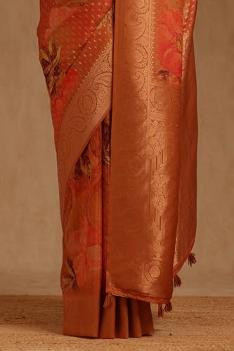 Soch Womens Orange Dola Silk Floral Zari Woven Saree