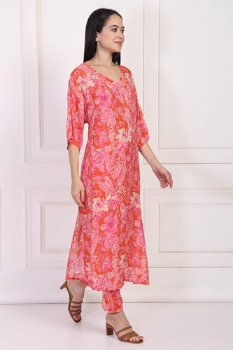 W for Woman Orange Floral Printed Kaftan Modal Kurta with Pant (WS13911-127597-L)
