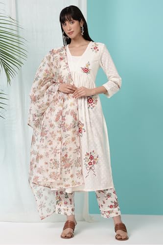 W for Woman White Floral Printed Textured Cotton Gathered Kurta, Pants and Dupatta Set (Size: M)-WS11620-222350
