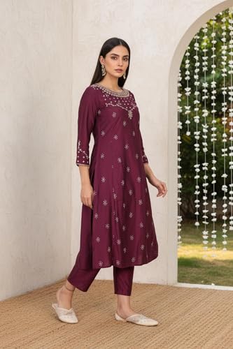 W for Woman Purple Embroidered Zari Sequined Straight Silk Blend Kurta with Straight Pant and Dupatta Set (WS13398-126131-S)