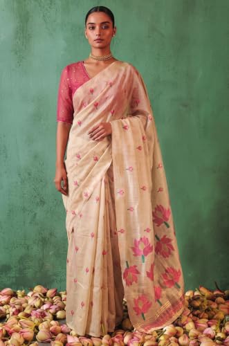 Label Aarna Women's Pink Cotton Saree with Unstitched Blouse Piece | Woven | Floral Design | Functions and Pooja Wear