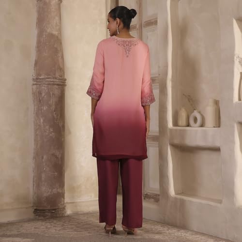 Biba Women Peach Viscose Blend Straight Suit Set_32