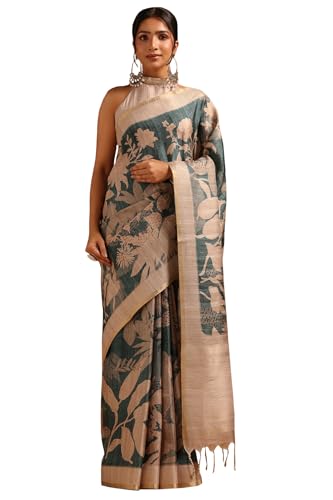 Soch Womens Teal Blue Tussar Floral Printed Saree