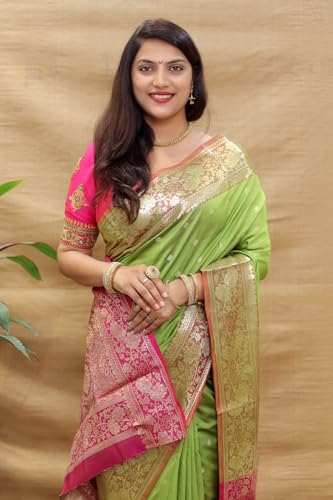 SGF11 Women's Kanjivaram Pure Soft Silk Handloom Saree For Women Pure Golden Zari With Blouse Piece (Light Green)